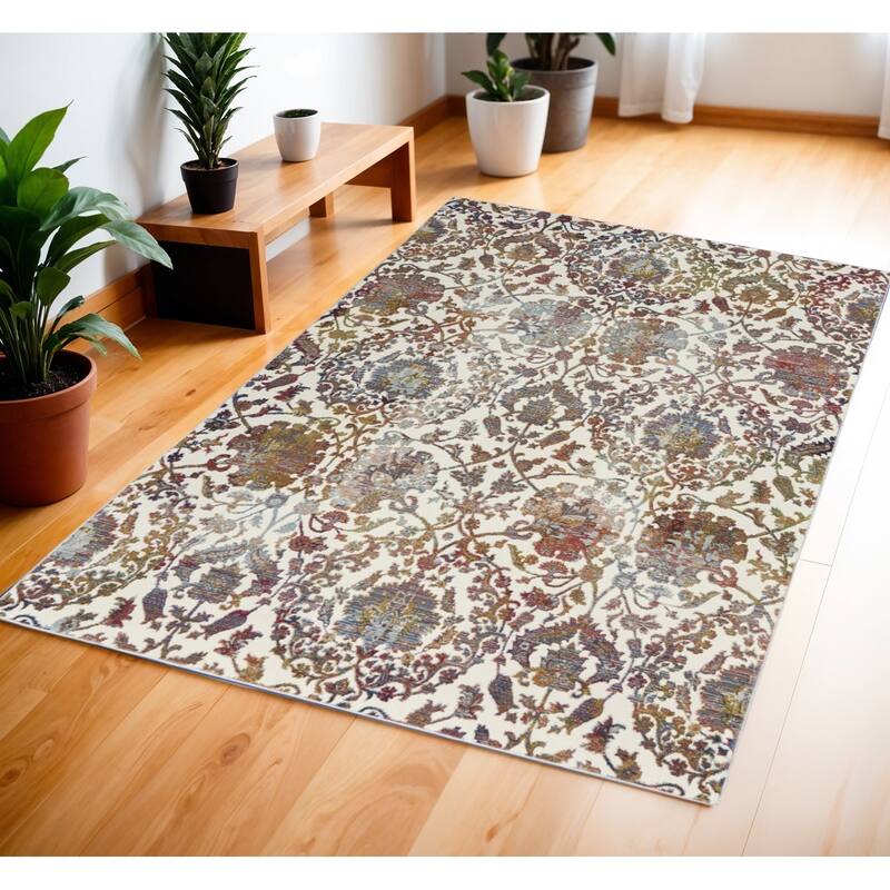 Honuc Power Loomed Distressed Floral Traditional Non Skid Area Rug By HomeRoots - 72' X '48' X '0.5 - 72' X '48' X '0.5 - Cream/Onyx - Rectangle