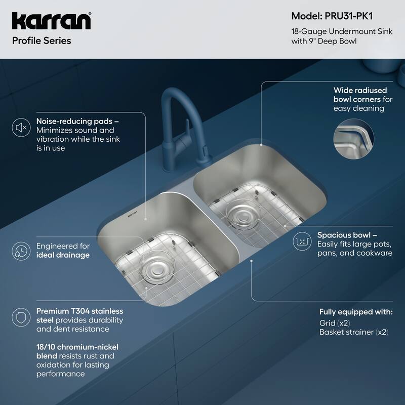 Karran Profile 32" Undermount 18 Gauge Double Bowl Stainless Steel Kitchen Sink with Accessories