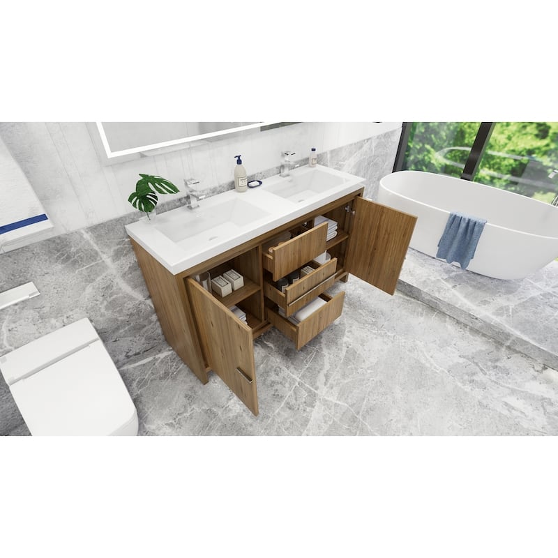 dolce 60 natural oak finish freestanding bath vanity with dual basin reinforced acrylic top