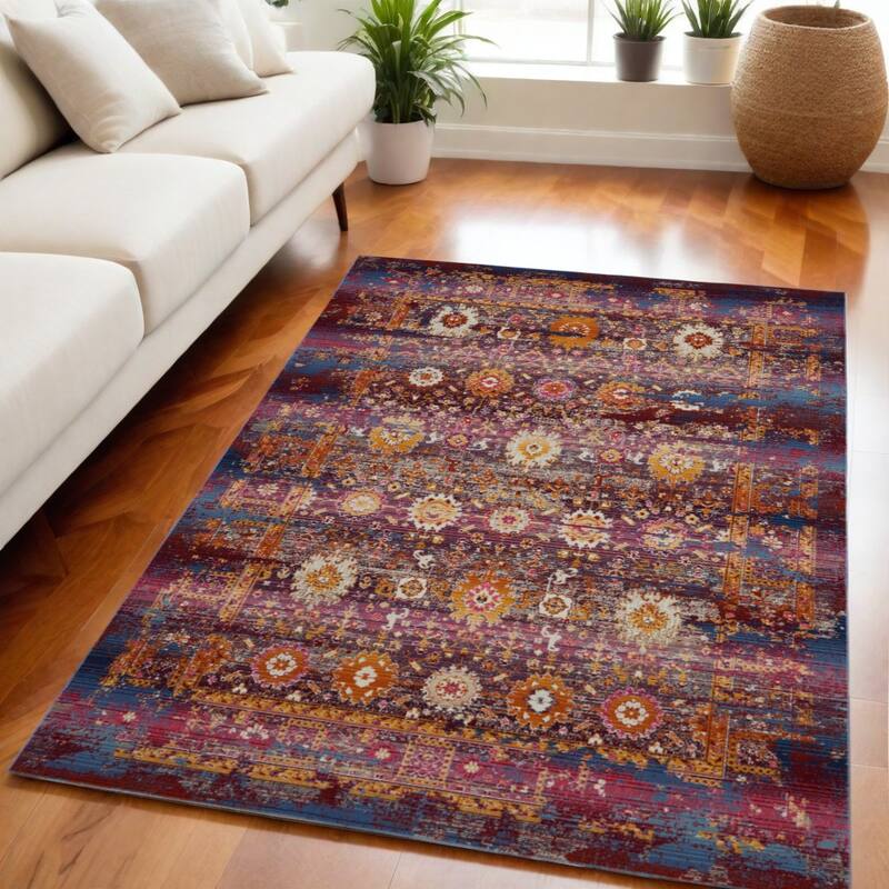 HomeRootsFloral Transitional Rectangle Area Rug - 94' X '63' X '0.5 - 94' X '63' X '0.5 - Blue/Yellow/Red