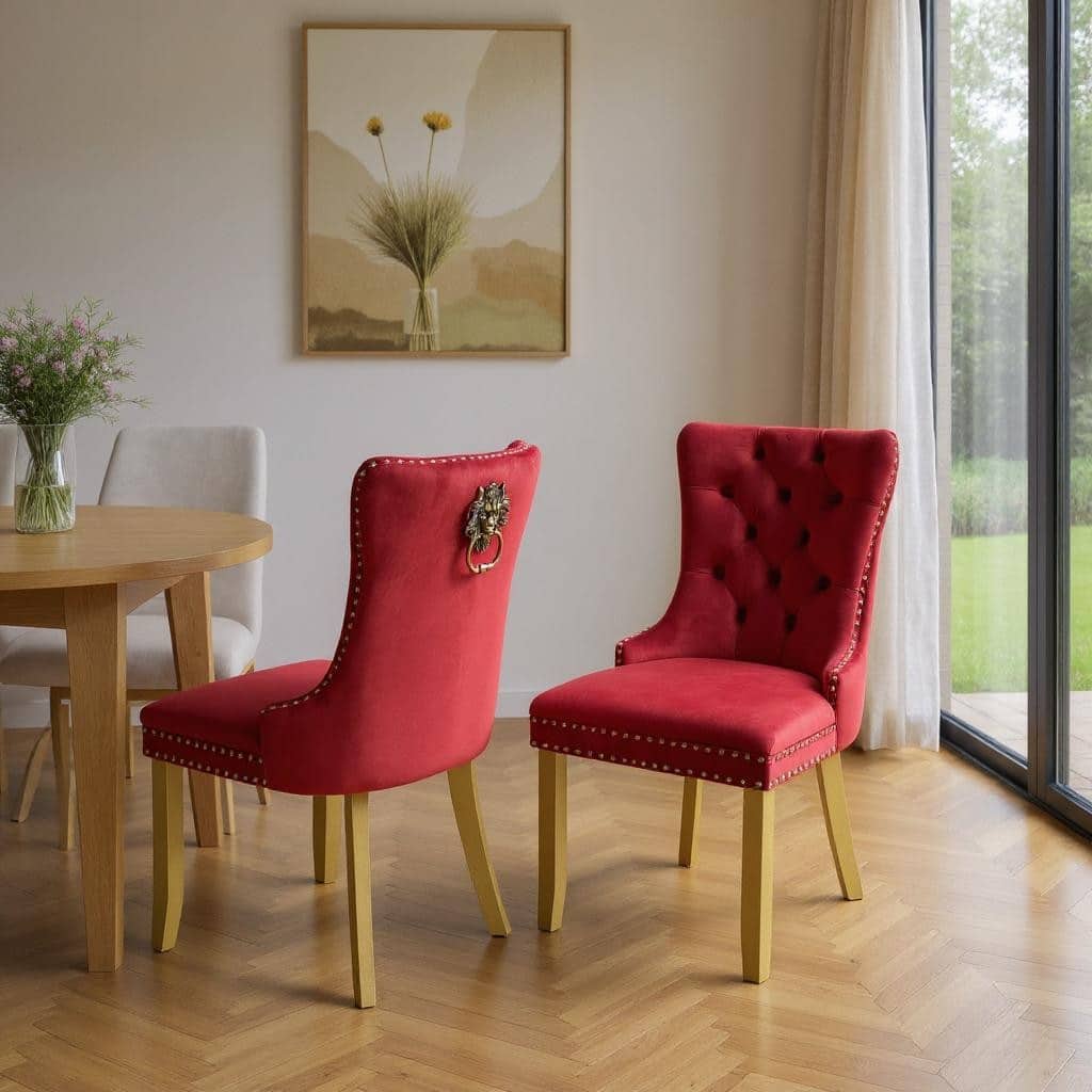 HomeRoots Set of Two Red and Gold Tufted Velvet And Solid Wood Dining Side Chairs - 19.70 in. x 37.50 in. x 17.30 in.