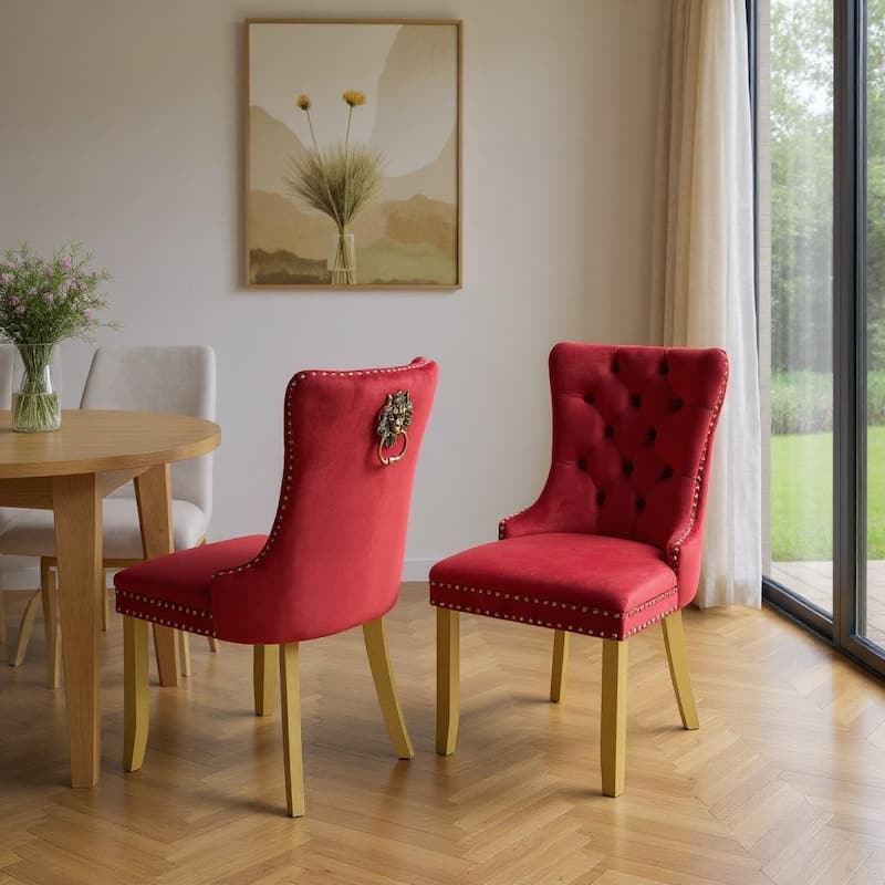 HomeRoots Set of Two Red and Gold Tufted Velvet And Solid Wood Dining Side Chairs - 19.70 in. x 37.50 in. x 17.30 in. - Set of 2 - 19.70 in. x 37.50 in. x 17.30 in. - Red
