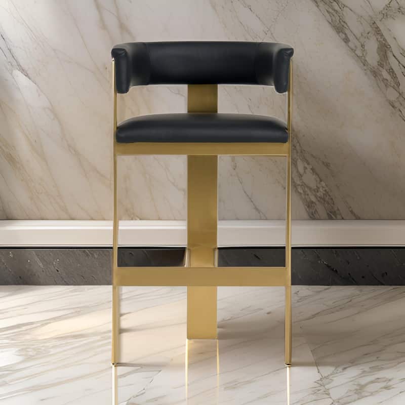 Cid Willow Barstool Chair, Black Faux Leather, Gold Metal Three Leg Base
