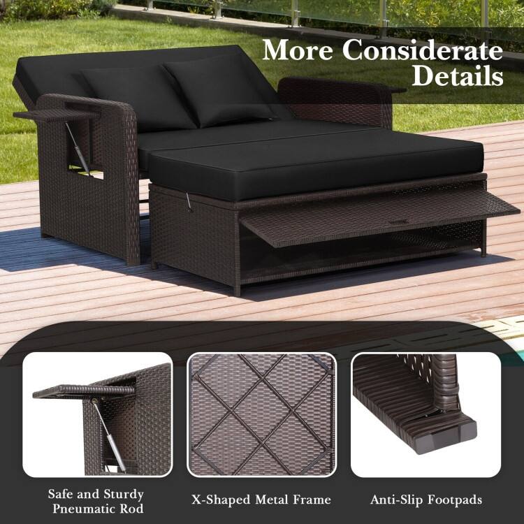Patio Rattan Daybed with 4-Level Adjustable Backrest and Retractable Side Tray - 31" x 67" x 36"