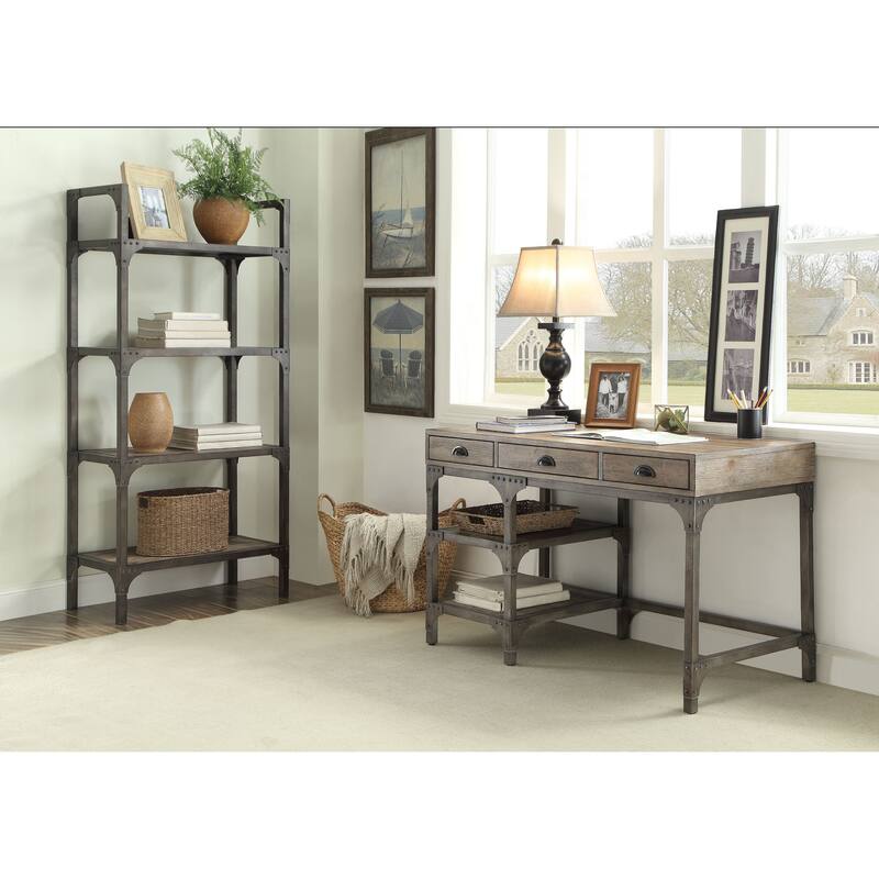 Contemporary Writing Desk with 3 Drawers, Metal Legs, and Open Shelves for Storage