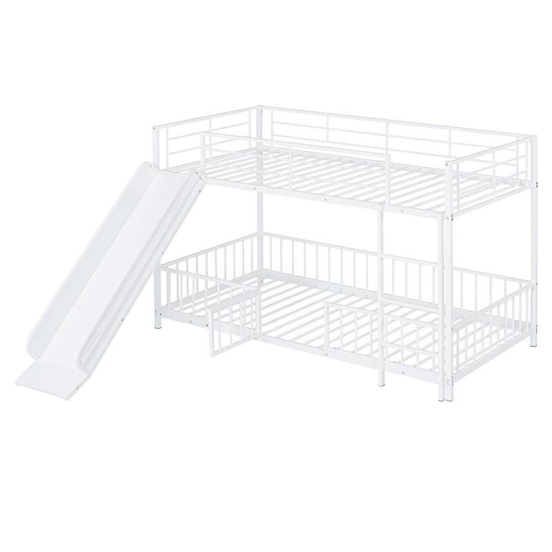 Twin over Twin / Full over Full Size Metal Bunk Bed with Slide and Ladder, Kids Bed Frame with Guardrails and Small Gate