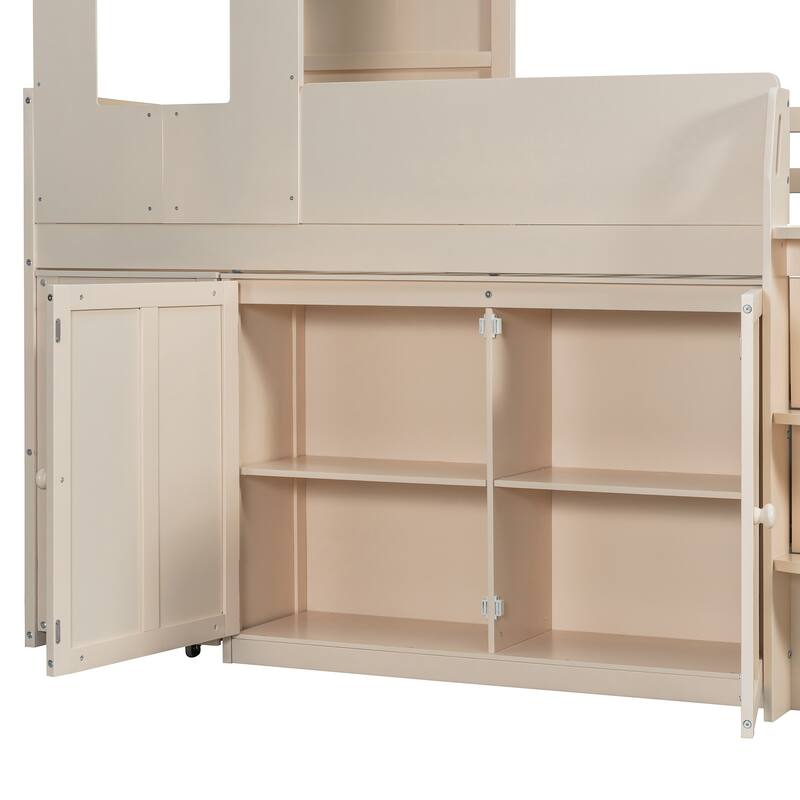 House-Style Kids Loft Bed Frame with Cabinets, Desk, Twin Size Wooden Loft Bed with Safety Guardrail & Storage Ladder