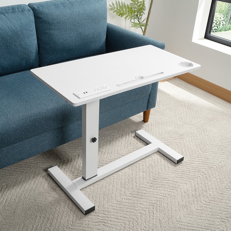 Height-Adjustable Overbed Table with Hidden Casters, Portable Bedside Desk with Tray, Pen Holder, USB & C-Type Ports