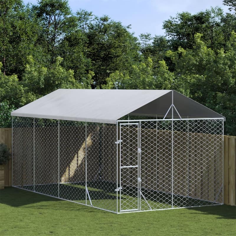 vidaXL Outdoor Dog Kennel with Roof Silver Galvanized Steel - 9.8' x 19.7' x 8.2'