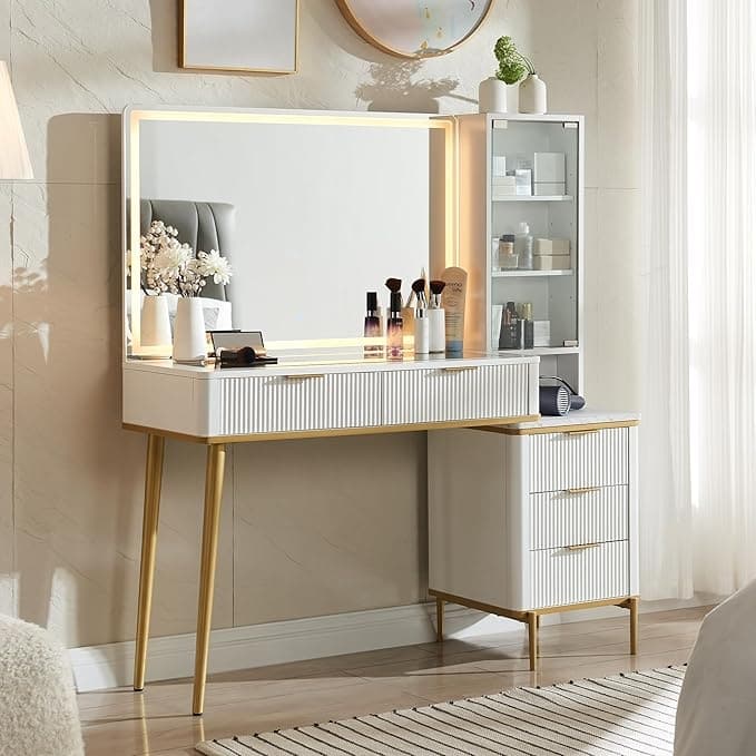 Modern Makeup Vanity Desk with HD Lighted Mirror, Dressing Table - Solid White