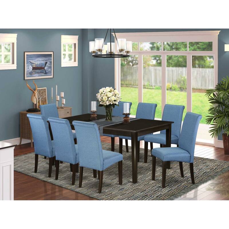 HomeStock 9-Piece Square Cappuccino Finish Solid Wood Top Dining Table with 8 Parson-Chairs with Lattice Back
