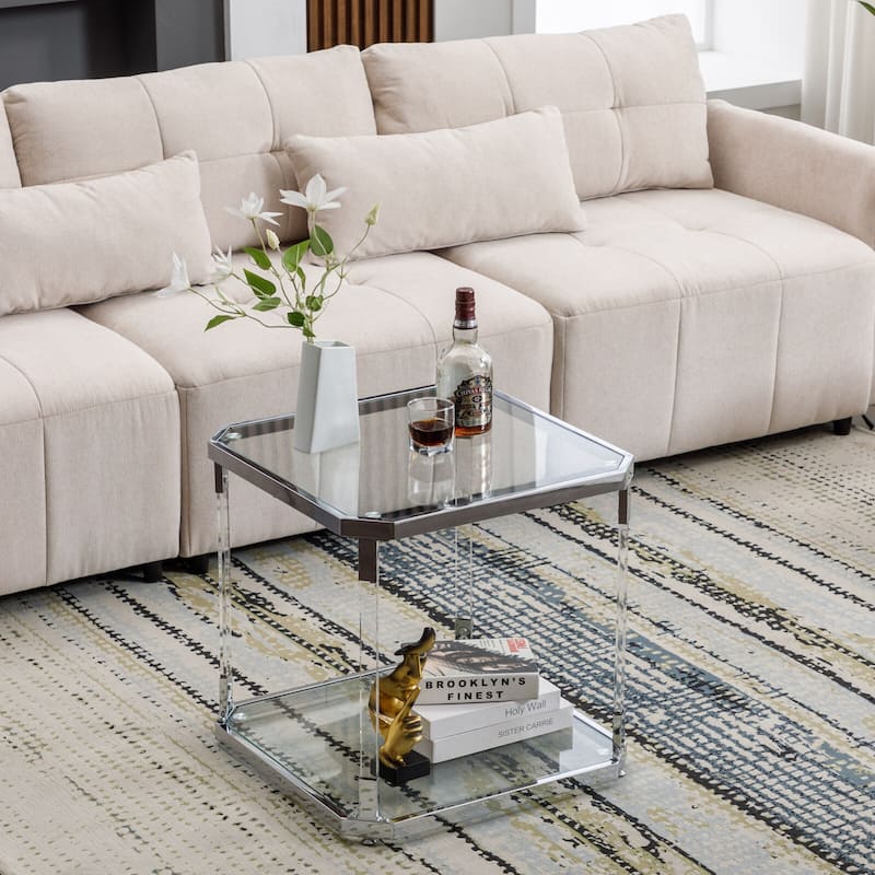 Saziye Modern Square Glass End Table with Storage Shelf