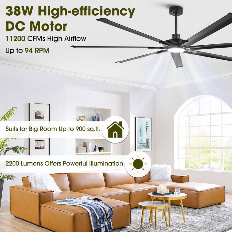 84" Matte Black Dimmable Large Industrial Ceiling Fan with LED Light and Remote - 84 in. D x 84 in. W x 15.3 in. H