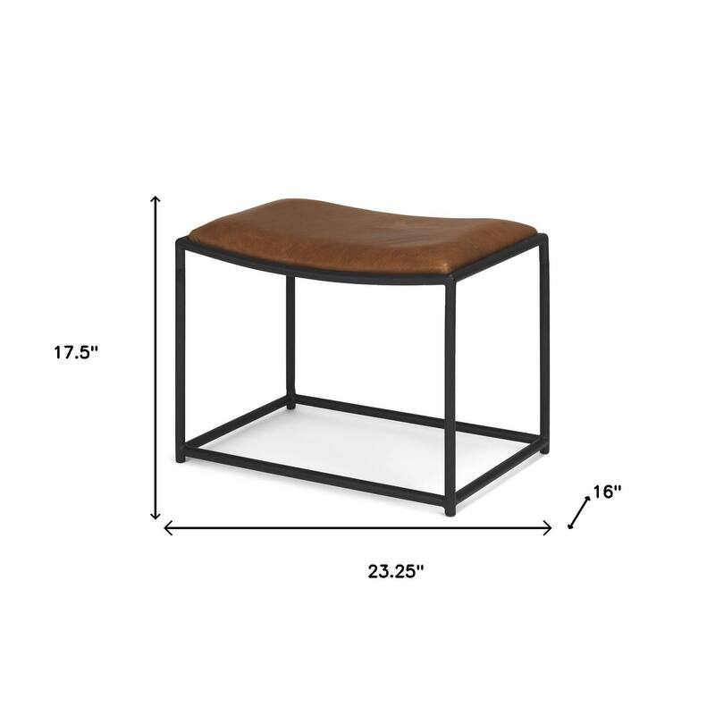 HomeRoots 23" Brown and Black Metal and Genuine Leather Footstool