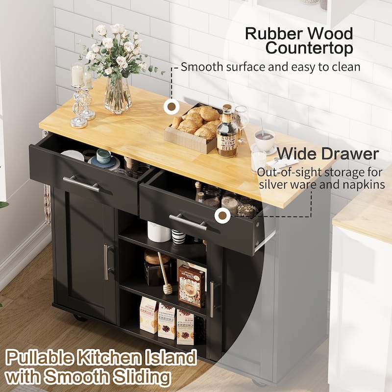 Rolling Kitchen Island with Storage Cabinet & Drawers - Rubber Wood Top for Dining & Kitchen Storage