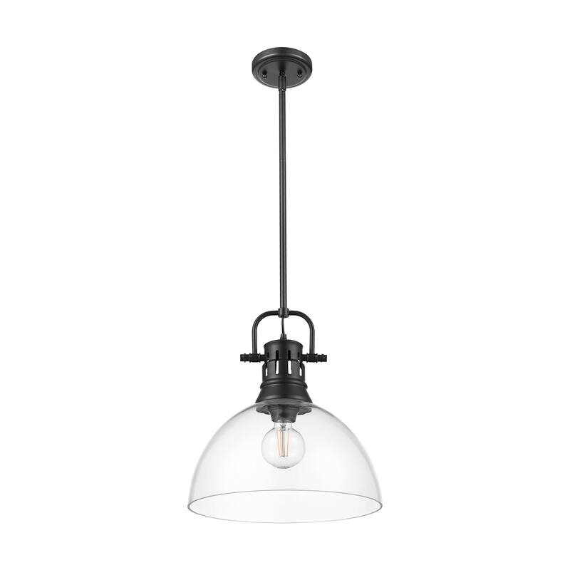 Yep by Golden Lighting Duncan 1-light 14in rod hung Pendant in Matte Black and Clear Glass
