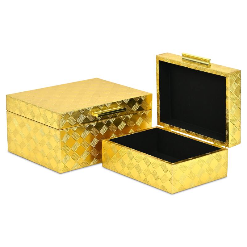 Zuleika Set of 2 Rectangular Decorative Storage Boxes - Gold Checkered Diamond Pattern - N/A