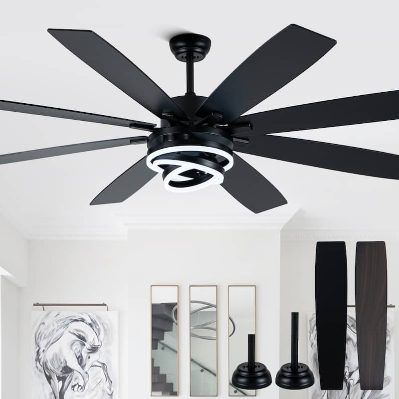 Cusp Barn 52"/72" Modern Large Dimmable LED Ceiling Fan with Lights and Remote, Reversible 8-Blade DC Motor DIY Shape Chandelier - 72-Inch - Black