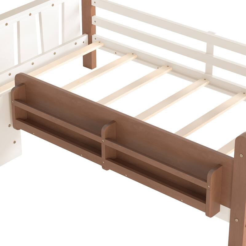 Full/Twin Floor Bed with Storage Bookcases & Cute Stairs - Solid Wood Kids Bed, No Box Spring