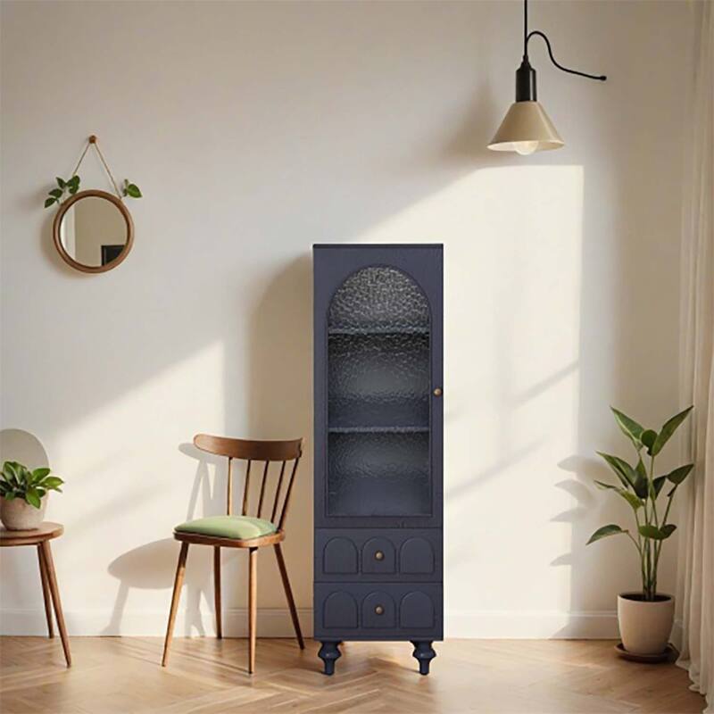 Tall Storage Cabinet with Glass Door,Two Drawers,and Adjustable Shelf for Versatile and Stylish Organization in Any Room - Dark Blue