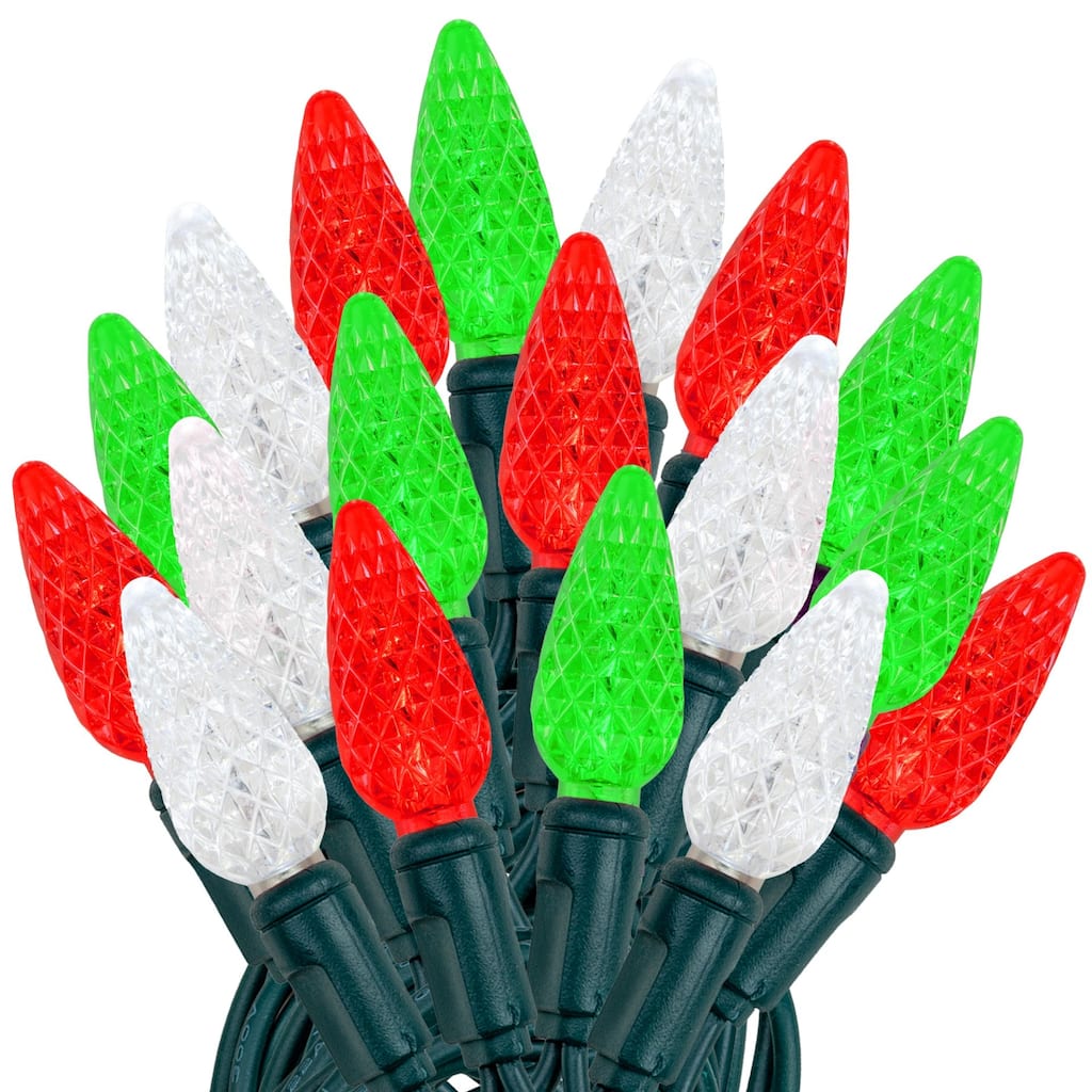 70 Light C6 LED Christmas Mini Light Set, Red/Green/Pure White, Green Wire, 24' - Large