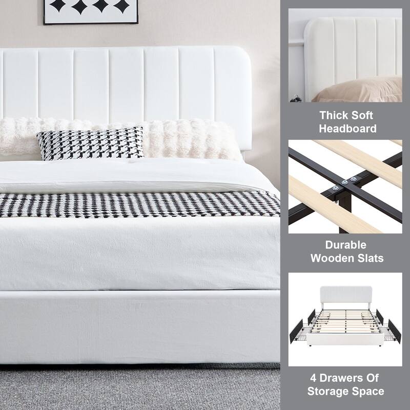 VECELO Bed Frame with 4 Storage Drawers Upholstered Platform Bedframe with Adjustable Headboard