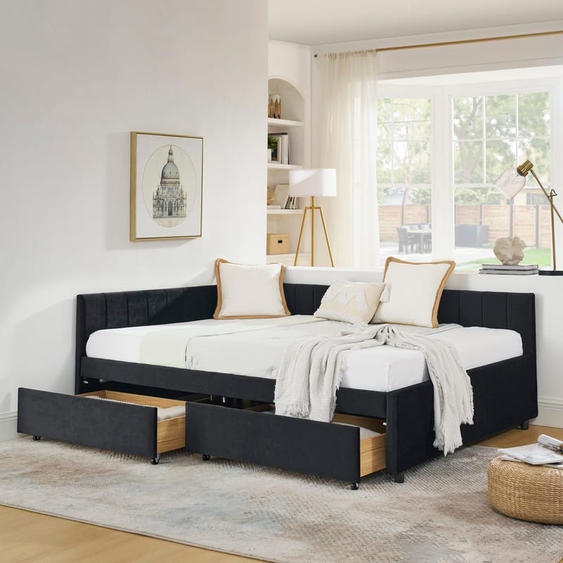 Full Size Velvet Upholstered Tufted Daybed with 2 Drawers, Backrest and Armrests