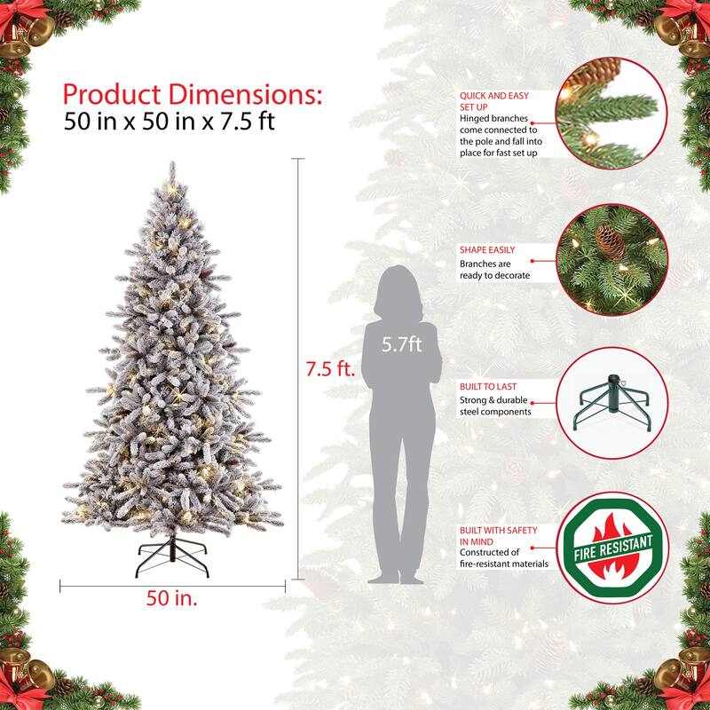 Puleo International 7.5 ft. Pre-lit Flocked ‎Bennington Fir Artificial Christmas Tree