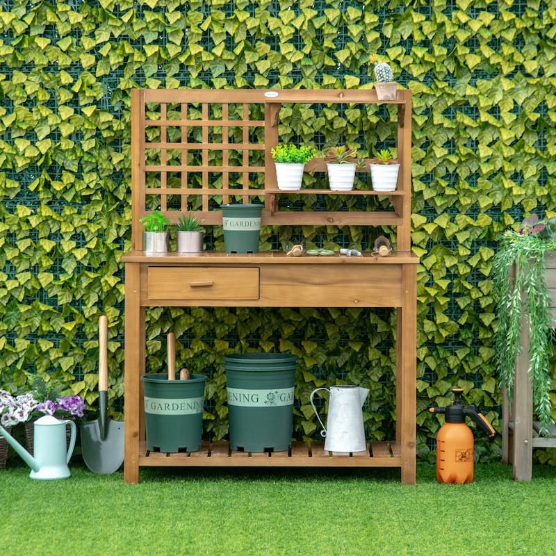 Wood Outdoor Potting Table with Trellis Panel and Multi-Storage Drawer, Waterproof Garden Workbench Table - Brown