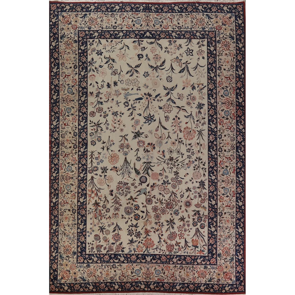Hand Knotted Oriental 100% Wool Carpet Traditional All-Over Beige & Ivories Isfahan Area Rug - 12' 0'' X 8' 3''