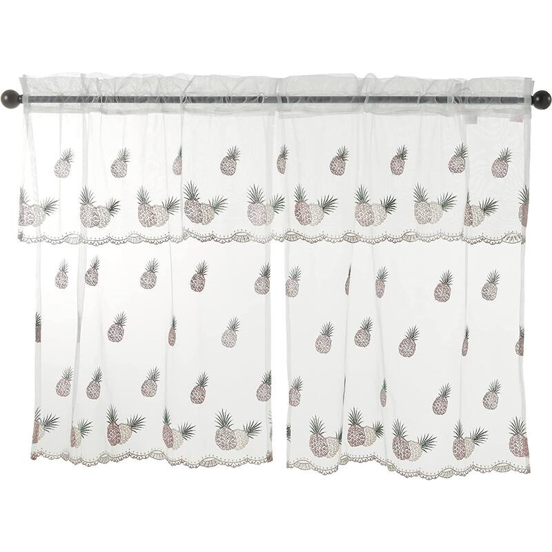 Violet Linen Lyon Pineapple Tropical Boutique Lace, 3pc Set 60"x 18" Valance, 30"x 36" Tiers, Decorative Window Kitchen Curtain