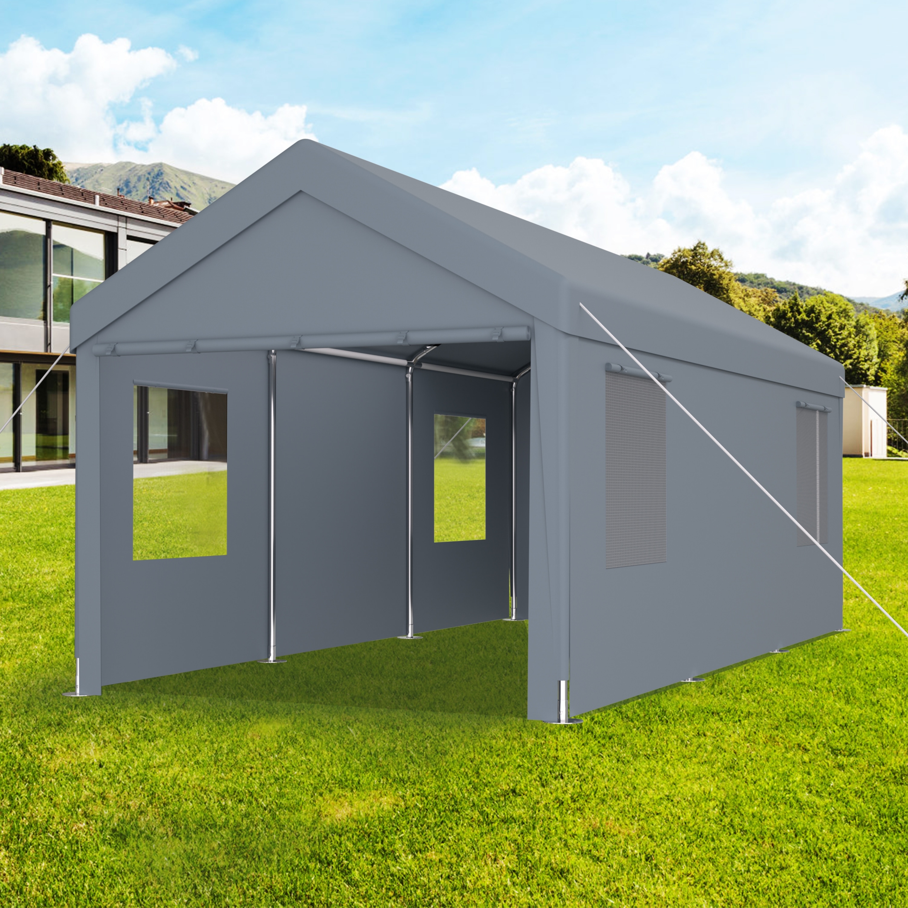 GDFStudio - Heavy Duty Steel Portable Carport Garage with Roll-Up Doors & Ventilated Windows, Versatile Outdoor Vehicle Shelter
