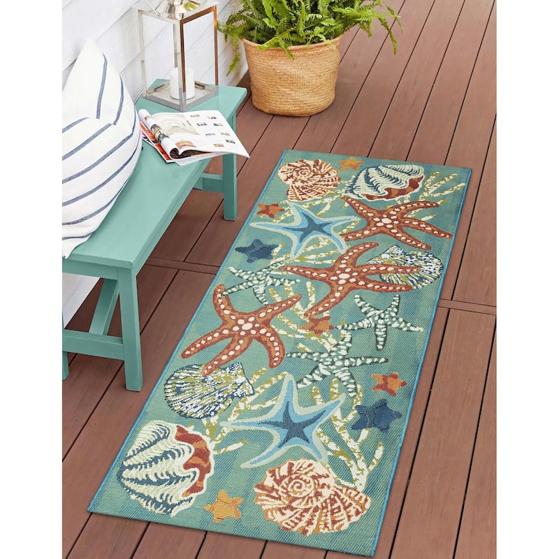 Liora Manne Esencia Starfish Song Indoor/Outdoor Mat Aqua 1'11" x 4'11" - 1'11" x 4'11" - Aqua