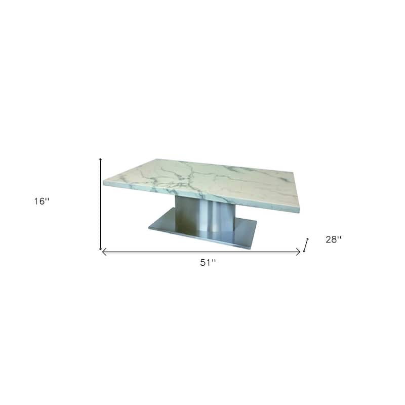 HomeRoots 51" White And Silver Genuine Marble And Stainless Steel Pedestal Coffee Table - 51' X '16' X '28