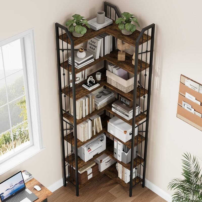 86" 7 Tier Industrial Corner Bookshelf, L-Shaped Bookcase - N/A