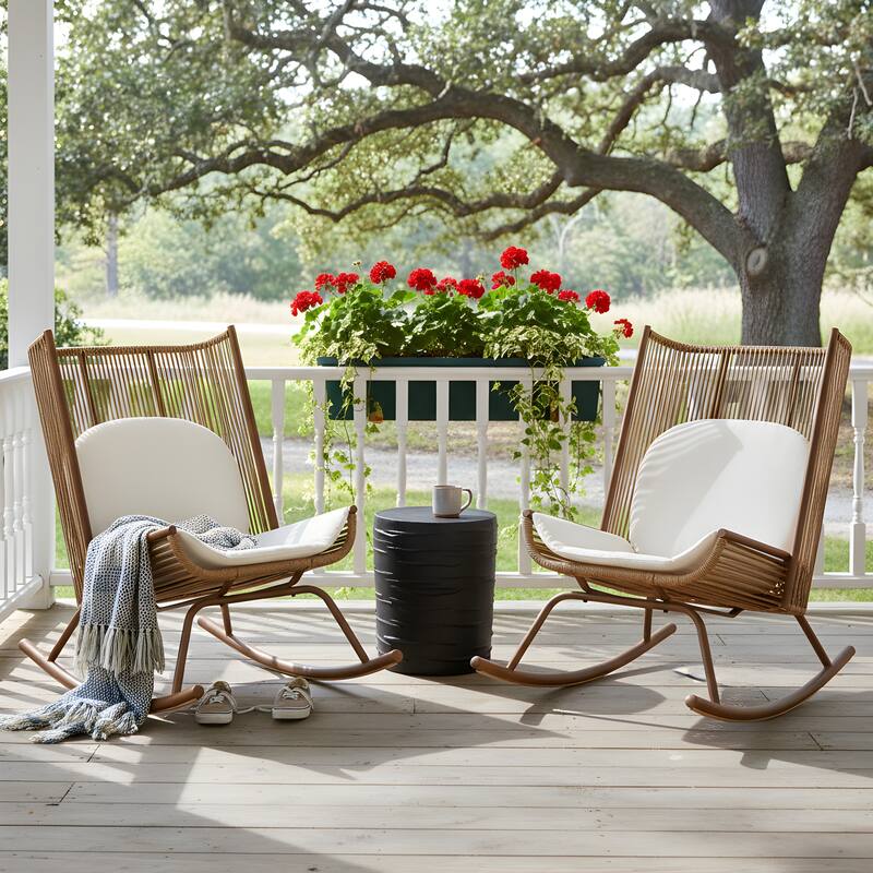 Christopher Knight Home - Set of 2 Modern Outdoor Rocking Chair with PE Rattan and Concrete Side Table Set - Brown+Black