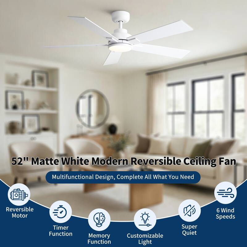 Cusp Barn 52" Modern Ceiling Fan with Light and Remote, LED Integrated Dimmable Reversible DC Motor Ceiling Fan for Living Room