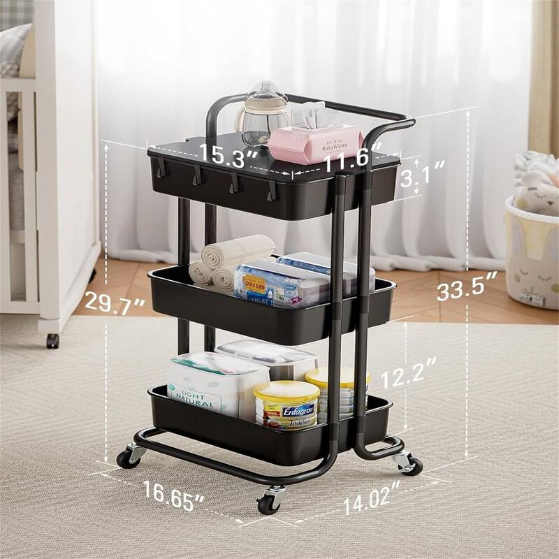 3 Tier Rolling Cart with Table Top Utility Cart with Wheels - 14.02"D x 16.65"W x 33.5"H
