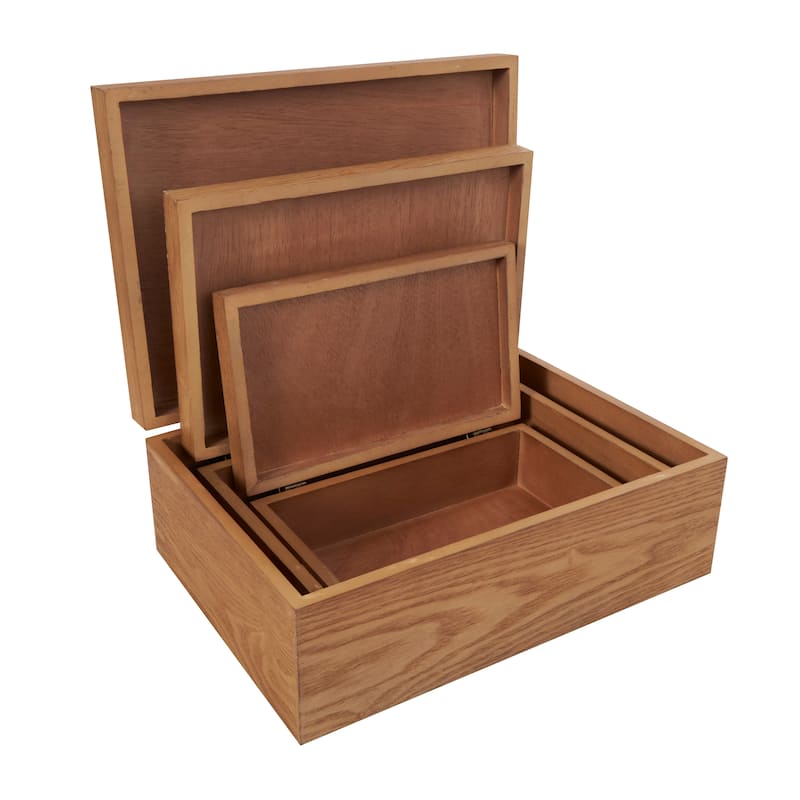 Brown Wooden Geometric Decorative Box with Cream and Dark Brown Stripes (Set of 3)