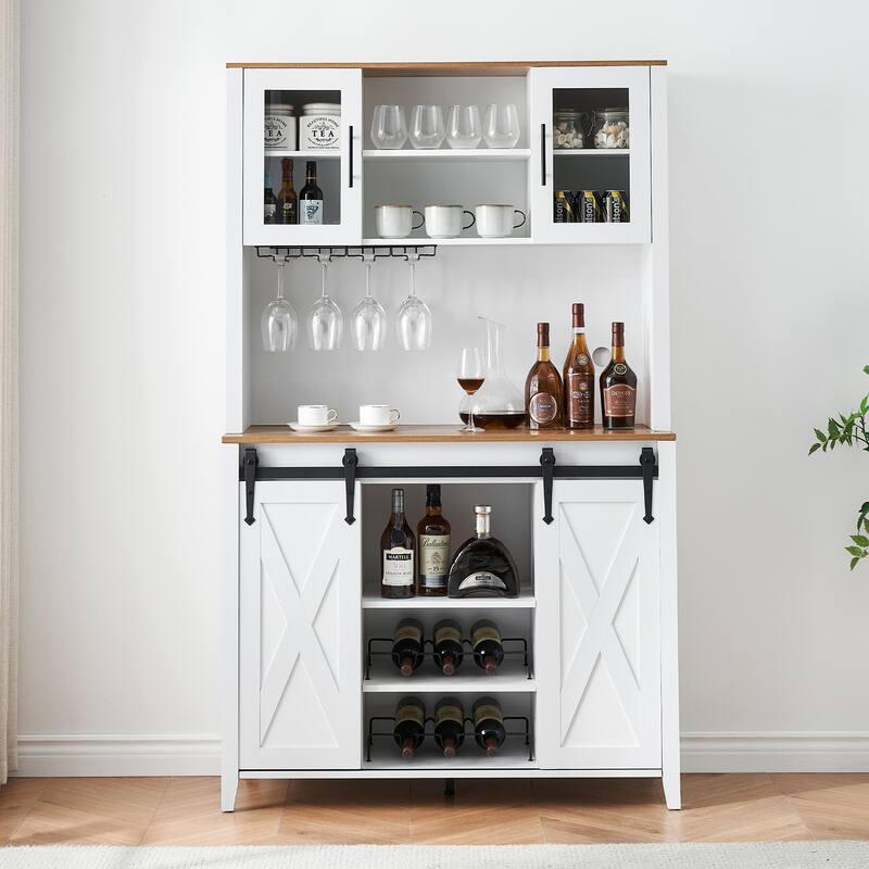 Tall Farmhouse Bar Cabinet with Sliding Barn Door Coffee Bar Sideboard Table - White