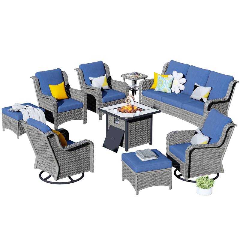 OVIOS 9-piece Patio Wicker Swivel Chair Set With 30" Fire Pit