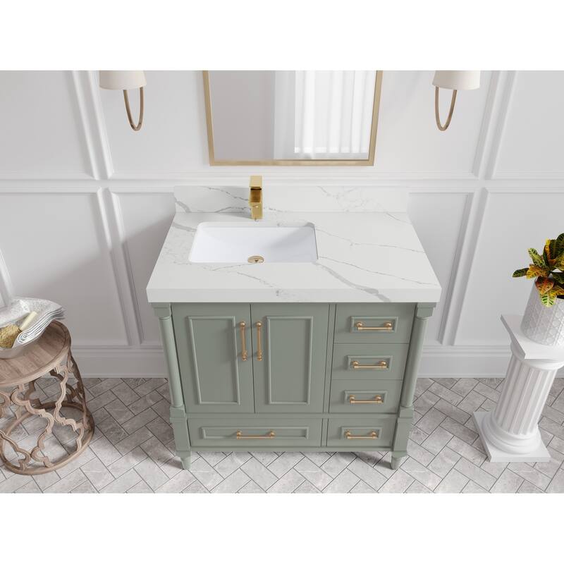 Willow Collections 36 in. W x 22 in. D Aberdeen Left Offset Sink Bathroom Vanity with Countertop - 2" Calacatta Laza - Evergreen