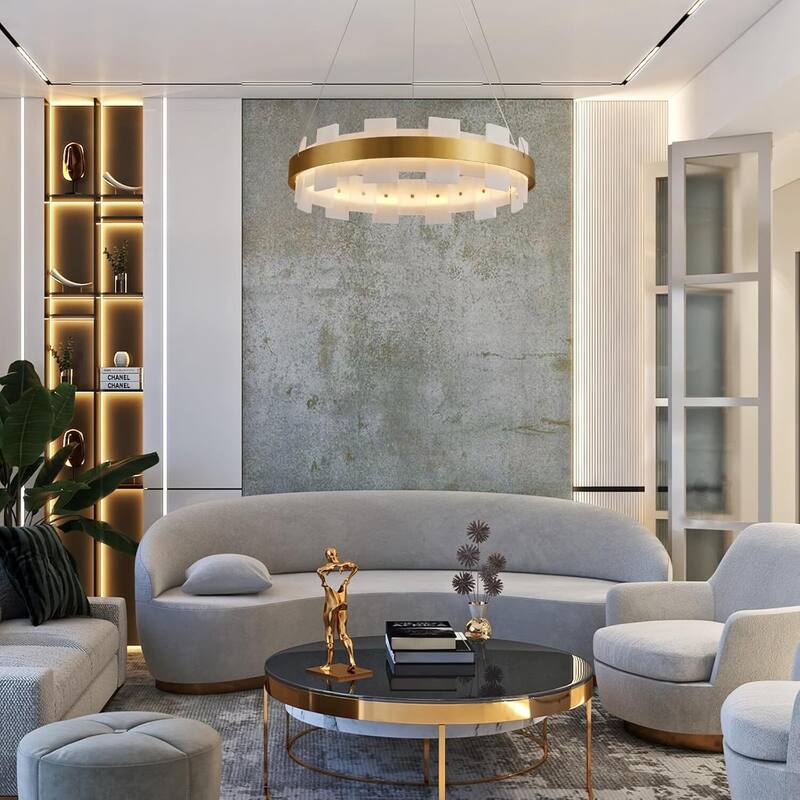 KAYLA Luxury Alabaster Chandelier, 37.4 in. Modern Integrated LED Gold Pendant Light for Entryway, Living Room & Foyer
