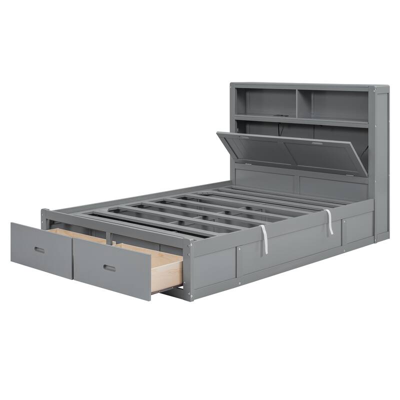 Wooden Bed with LED Storage Headboard, Charging Station, and 2 Drawers