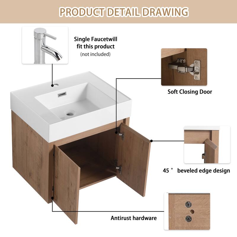 ARTCHIRLY 24"/30"/36" Bathroom Vanity with Sink, Floating Bathroom Vanity with Soft Close Door