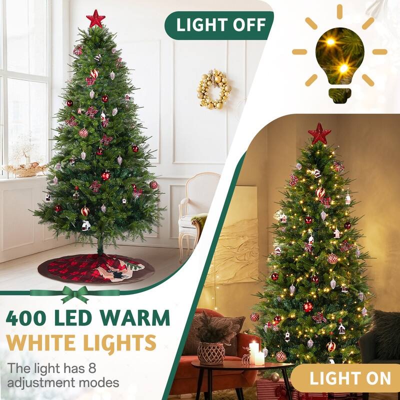7.5 FT Artificial Christmas Tree with LED Lights, Hinged Xmas Pine Tree with Tree Skirt and Holiday Ornaments for Holiday Party