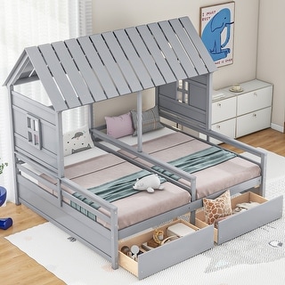 Twin Size House Platform Beds with Two Drawers, Combination of 2 Side by Side Beds for Boy and Girl Shared Beds