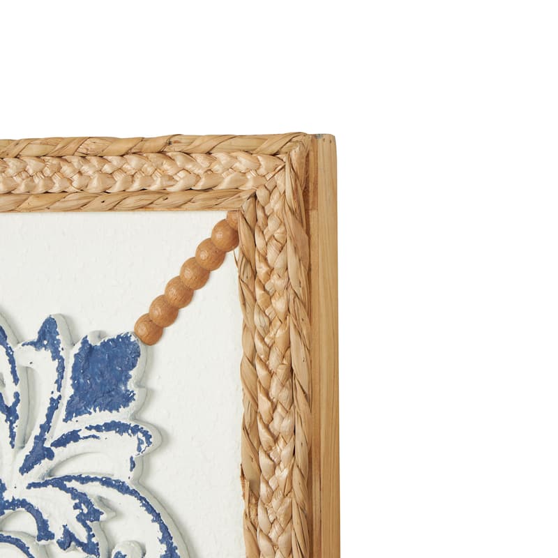 Wood Floral Relief Home Wall Decor with Brown Woven Seagrass Frame and White Backing - Blue - Roche River Decor