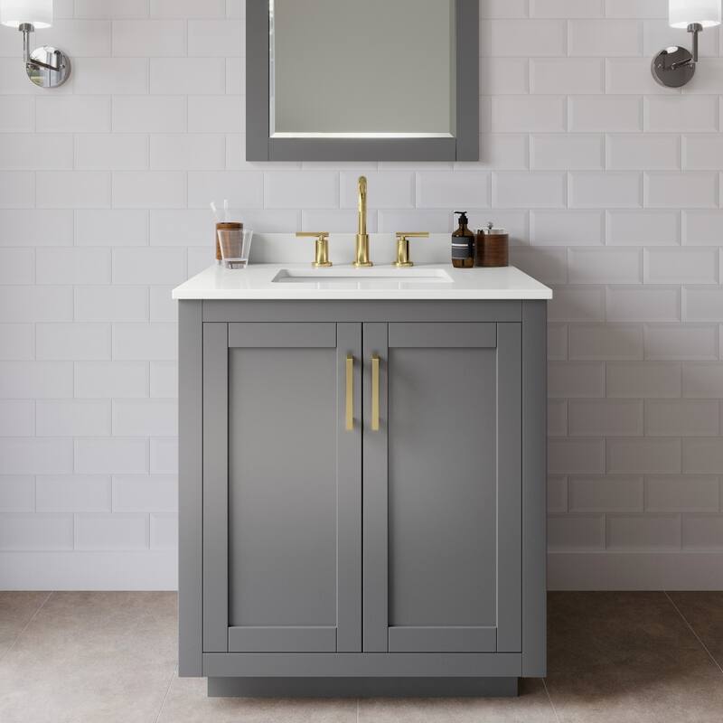 Wyndham Collection WCF292930S-QTZ-US3MXX Miranda 30" Free Standing - Dark Gray / White Quartz Top / Brushed Gold