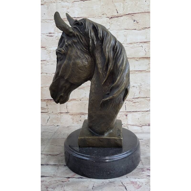 Signed Barye Unique Bronze Bust Horse Head Sculpture Marble Base Statue Figure